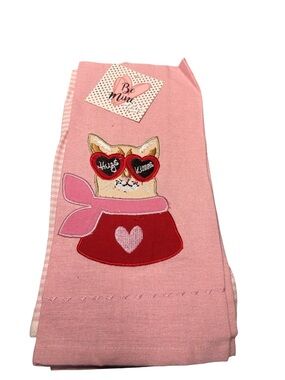 Be Mine Valentine Cat Heart Sunglasses Embroidered Kitchen Towel Set 2 NWT